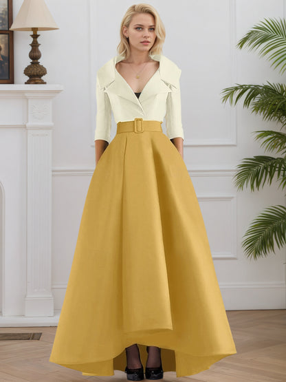 3/4 Length Sleeve Shirt Collar with Pocket Satin A Line  Formal Evening Dresses