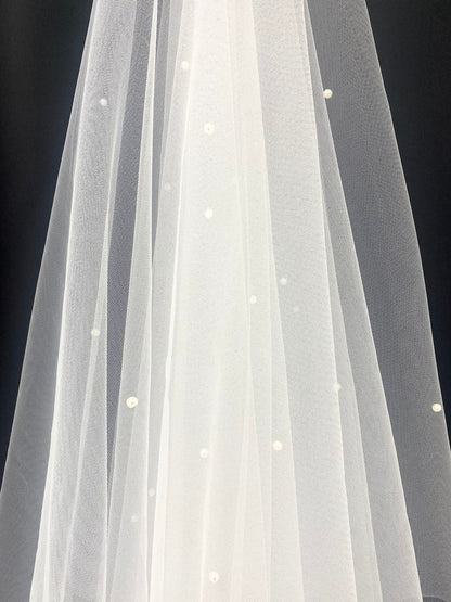 Roycebridal Vintage Tulle Lace Bridal Veil with Pearls White Long Wedding Veil