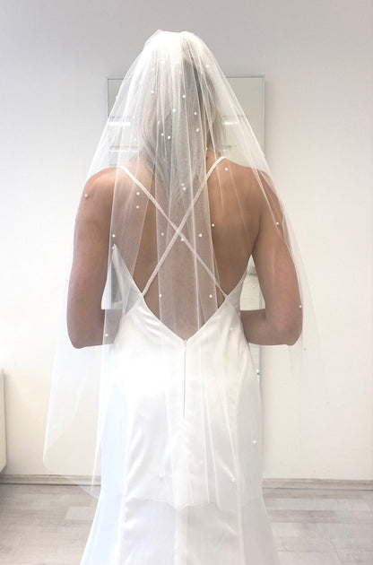 Roycebridal Vintage Tulle Lace Bridal Veil with Pearls White Long Wedding Veil