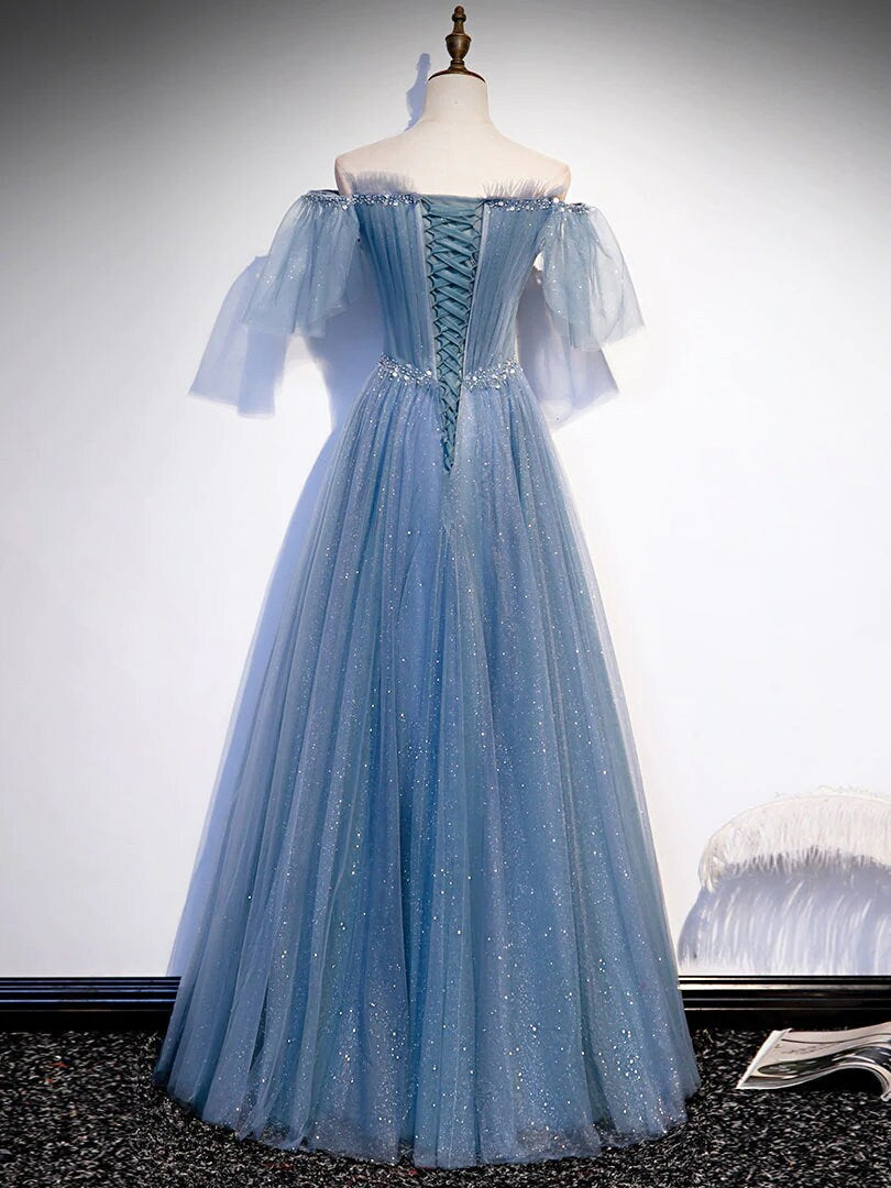Roycebridal Roycebridal Sweetheart-Neck Tulle Flare Sleeves Beaded Sequin Prom Dresses Formal Evening Dresses