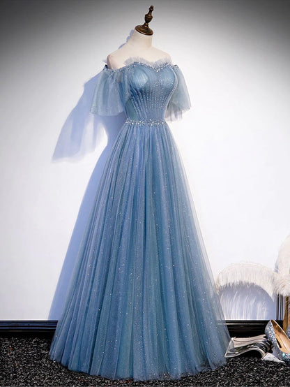 Roycebridal Roycebridal Sweetheart-Neck Tulle Flare Sleeves Beaded Sequin Prom Dresses Formal Evening Dresses