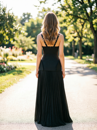 Black Strapless Peplum Prom Dress Pleated Chiffon Formal Gown