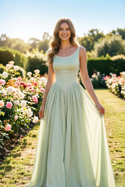 Mint Green Beaded A Line Prom Dress Flowy Chiffon Evening Gown