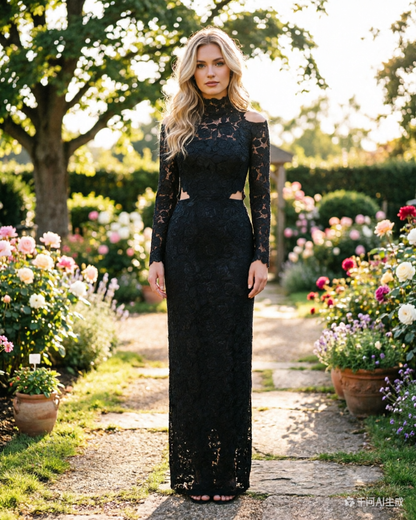 Black Lace Cutout Prom Dress Sexy Long Sleeve Evening Gown