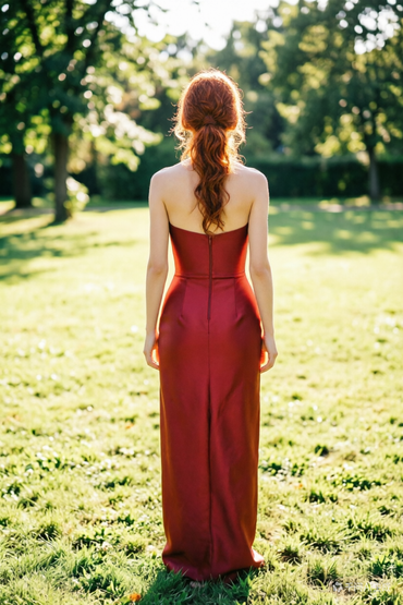 Burgundy One-Shoulder Prom Dress Structured Satin Evening Gown with Side Slit