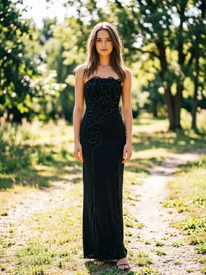 Black Embroidered Strapless Prom Dress Sheath Evening Gown