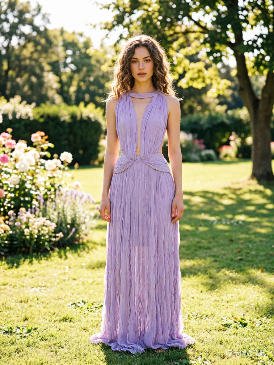 Robe de soirée en mousseline plissée avec encolure plongeante et découpes lavande