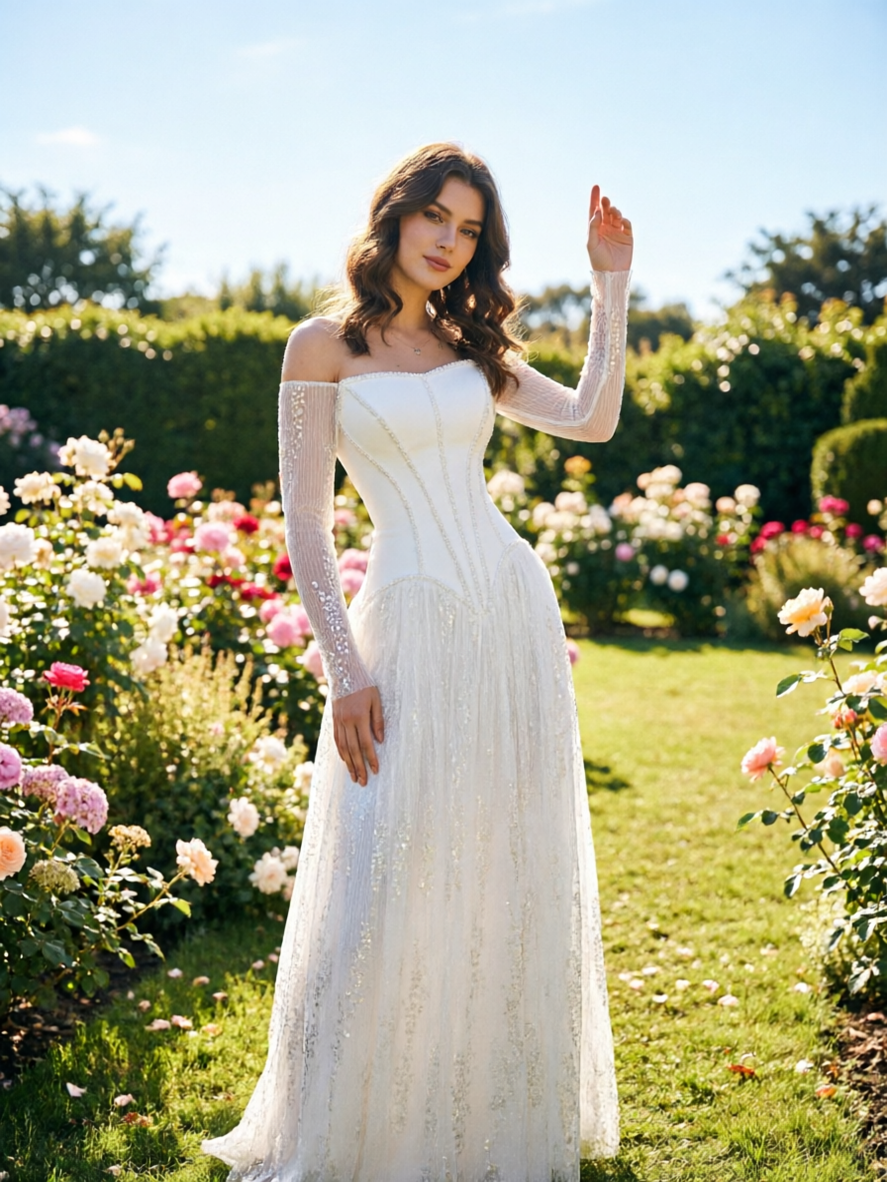 White Off Shoulder Sequin Long Prom Dress Elegant Bridal Shower Gown