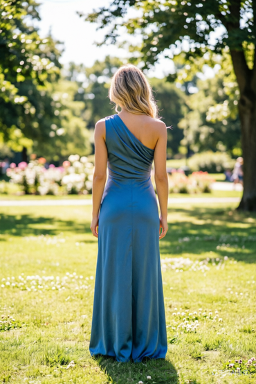 Teal One-Shoulder Draped Prom Dress Satin Evening Gown with Asymmetric Neckline