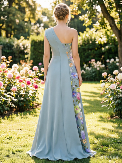 Robe de bal une épaule Light Blue avec broderie florale 3D
