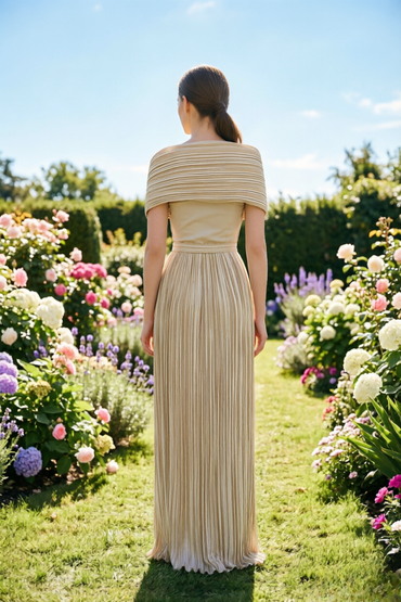Champagne Gold Off-Shoulder Prom Dress with Side Slit Shimmer Pleated Gown