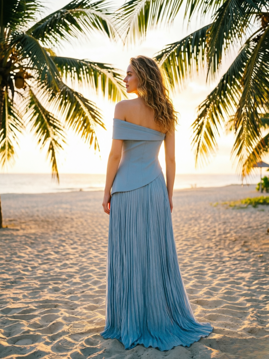 Sky Blue Off-Shoulder Prom Dress Pleated Chiffon Evening Gown