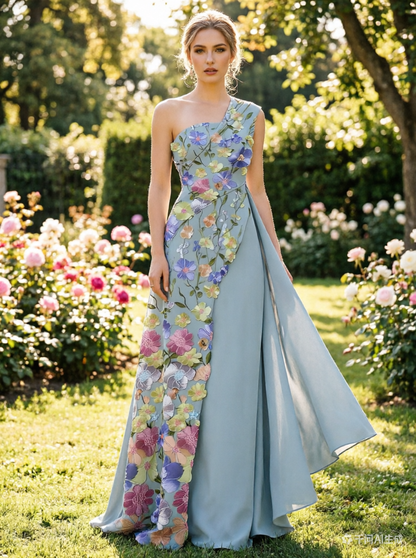 Robe de bal une épaule Light Blue avec broderie florale 3D