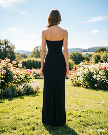 Black Strapless Embroidered Prom Dress Beaded Bodice Evening Gown for Black-Tie Events