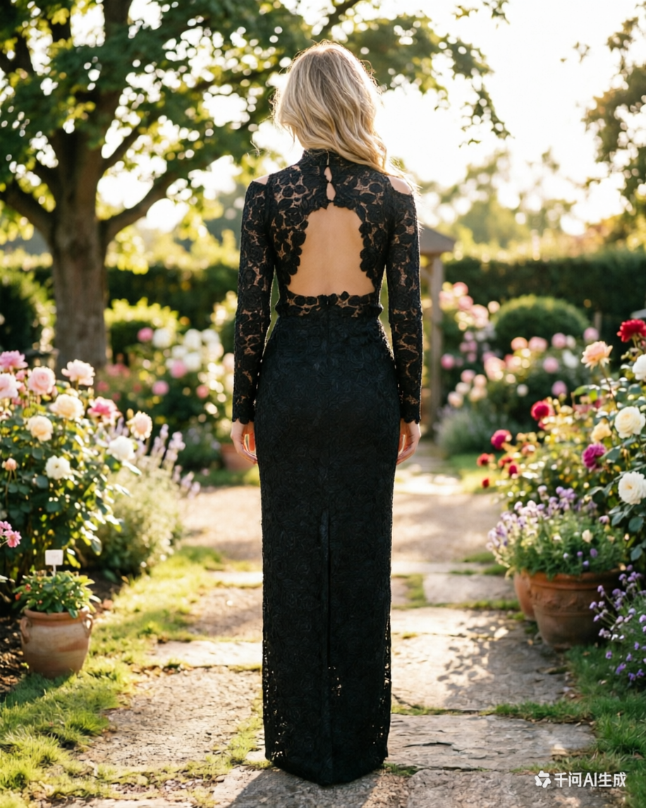 Black Lace Cutout Prom Dress Sexy Long Sleeve Evening Gown