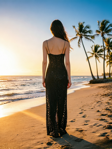 Black Lace Plunge Neck Prom Dress Sheer Strap Evening Gown