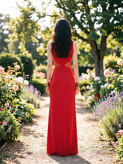 Crimson Plunge Neck Prom Dress Draped Satin Evening Gown with Sheer Panels