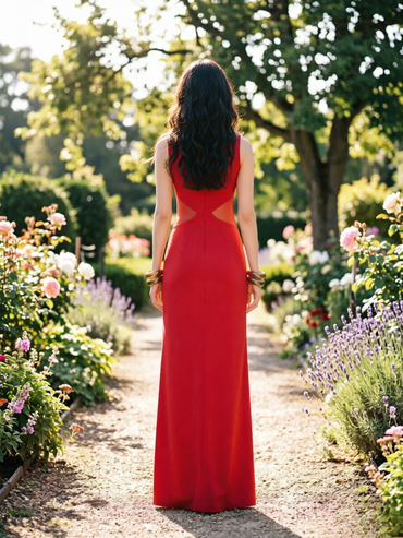 Crimson Plunge Neck Prom Dress Draped Satin Evening Gown with Sheer Panels