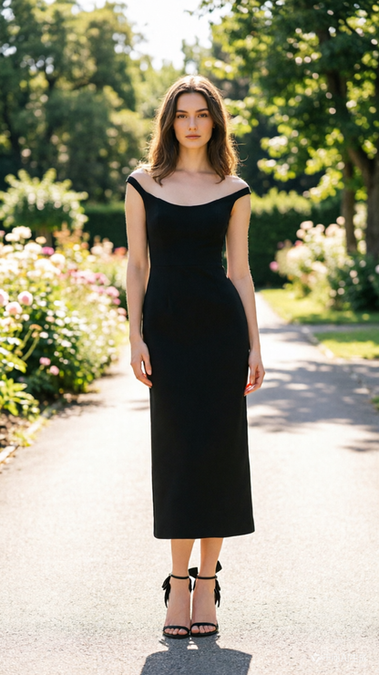 Robe noire à épaules dénudées mi-longue, robe de soirée fourreau simple