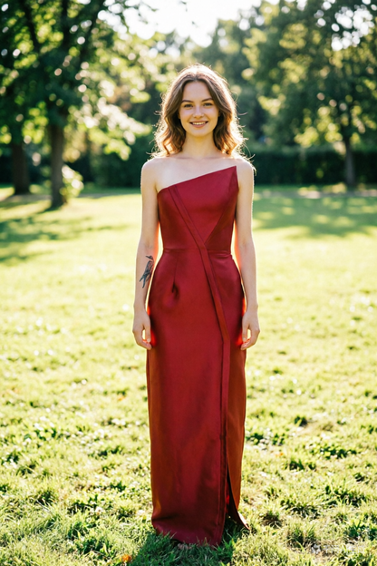 Burgundy One-Shoulder Prom Dress Structured Satin Evening Gown with Side Slit