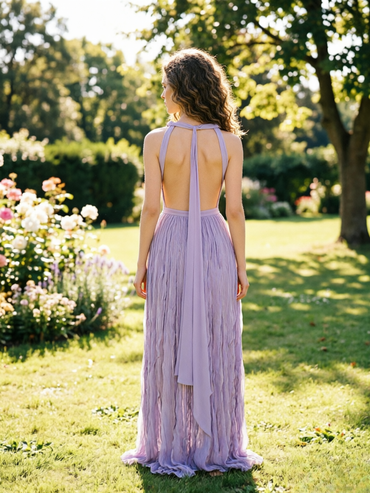 Lavender Plunge Neck Cut Out Prom Dress Pleated Chiffon Evening Gown