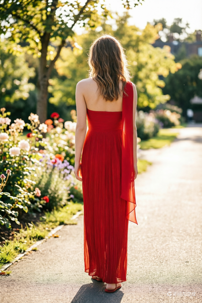 Red One Shoulder Pleated Prom Dress Sleek Satin Evening Gown