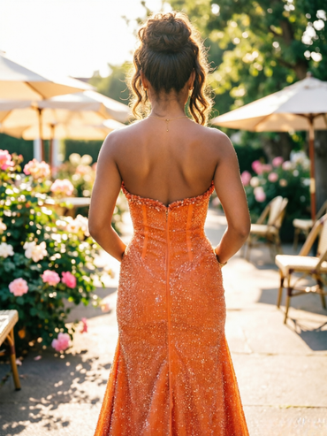 Orange Mermaid Prom Dress with Beaded Bodice and Side Slit