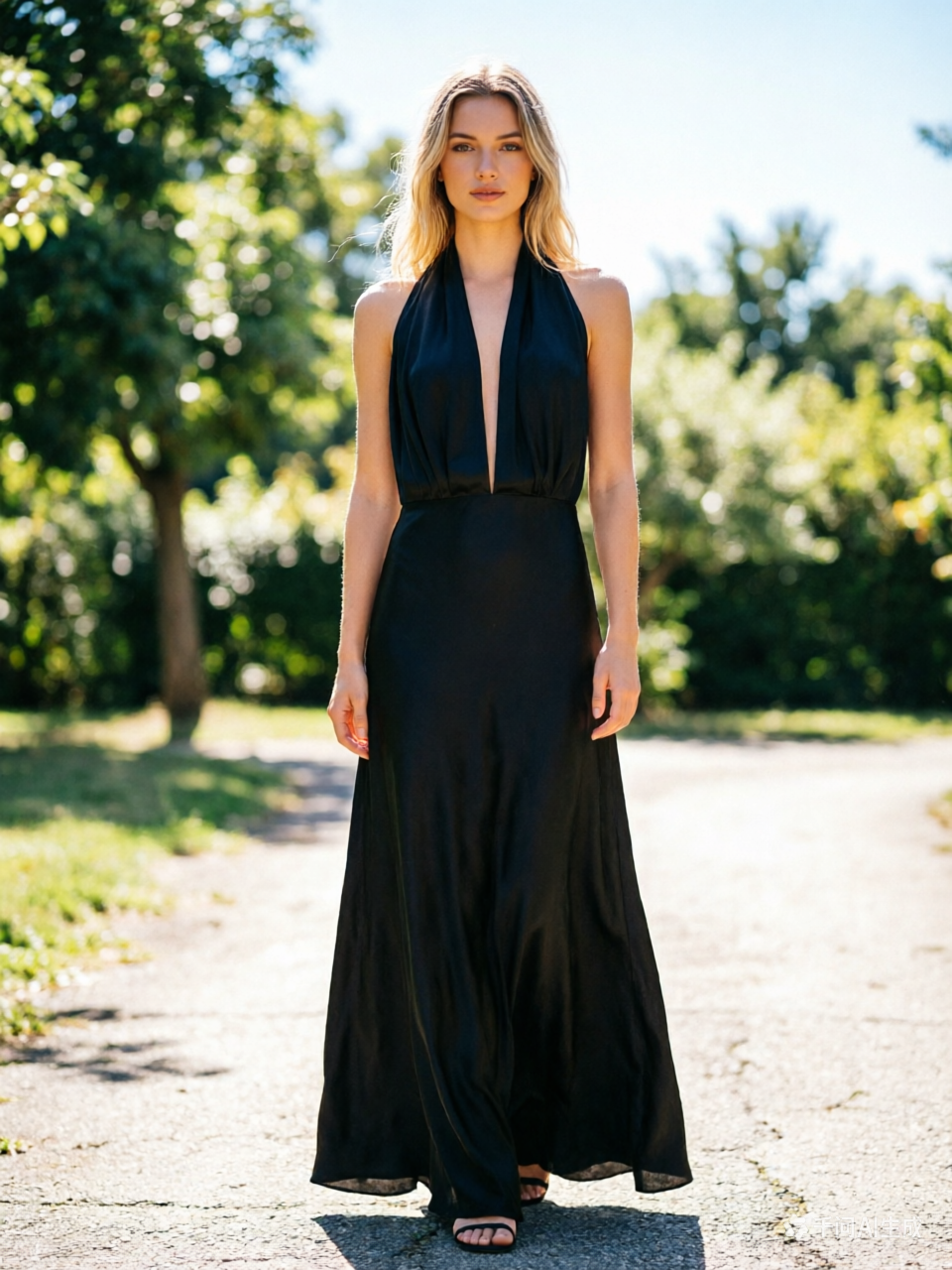 Black Halter Plunge Neck Prom Dress Flowy Backless Evening Gown