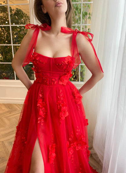 Roycebridal Cameron | Scarlet Lace A-line 3D Flower Long Prom Dress With Slit