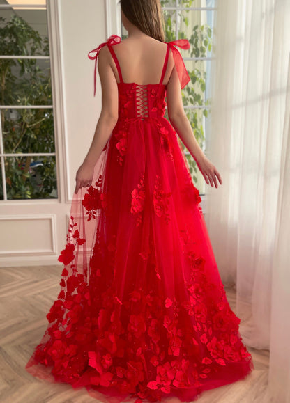 Roycebridal Cameron | Scarlet Lace A-line 3D Flower Long Prom Dress With Slit