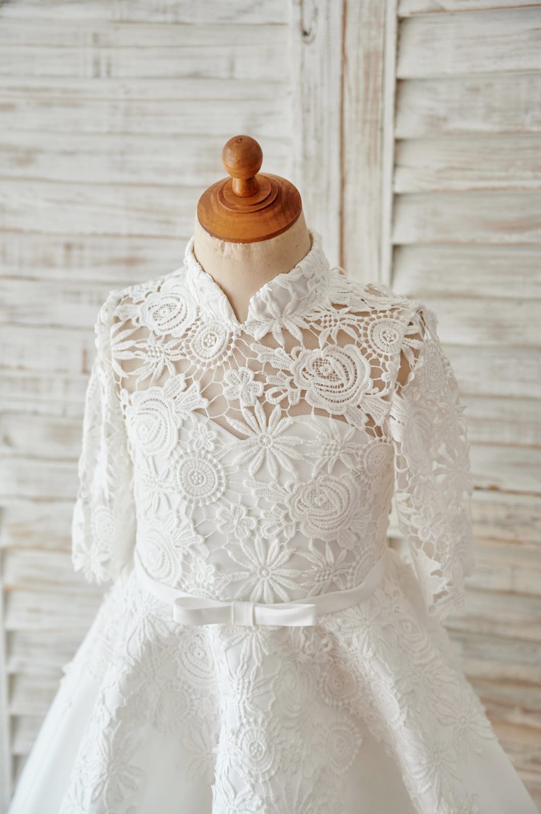Ivory Lace Satin High Neck Long Sleeves Wedding Flower Girl 