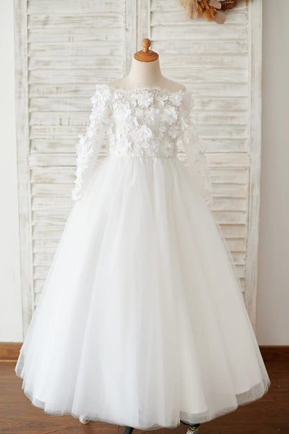 Ivory Lace Tulle Off Shoulder Long Sleeves Wedding Flower 