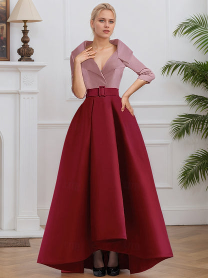 3/4 Length Sleeve Shirt Collar with Pocket Satin A Line  Formal Evening Dresses