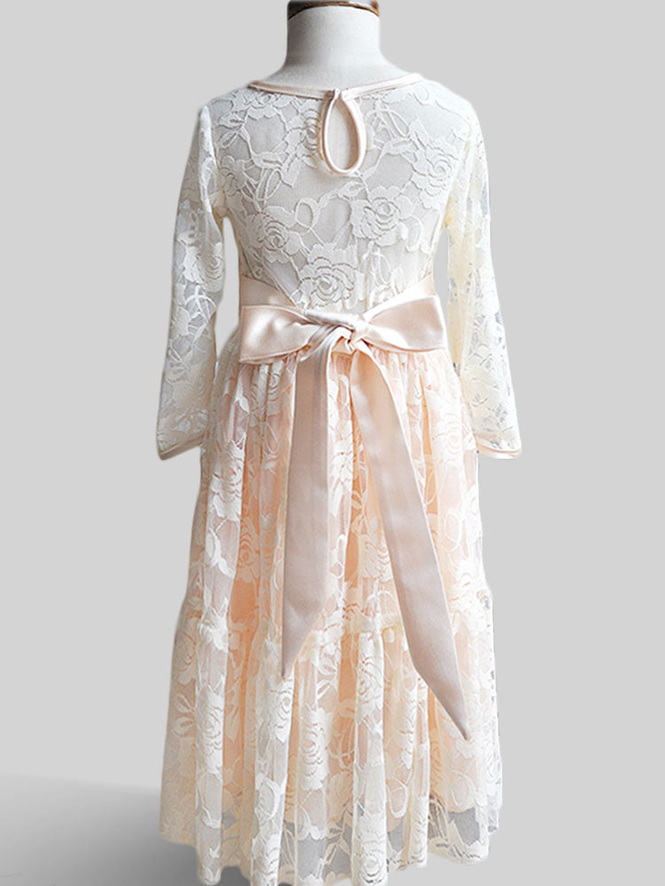 Jewel Neck Long Sleeves Sash Kids Social Party Dresses-showprettydress
