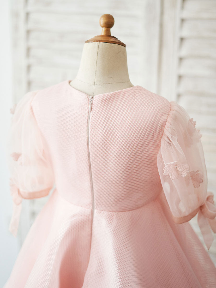 Jewel Neck Short Sleeves Kids Pink Social Party Dresses-showprettydress