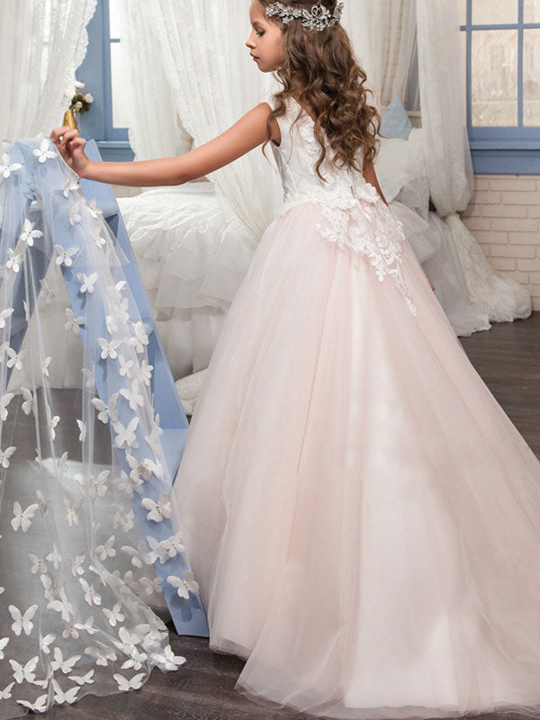 Jewel Neck Sleeveless Applique Detachable Tulle Warp Formal Kids Pageant flower girl dresses-showprettydress
