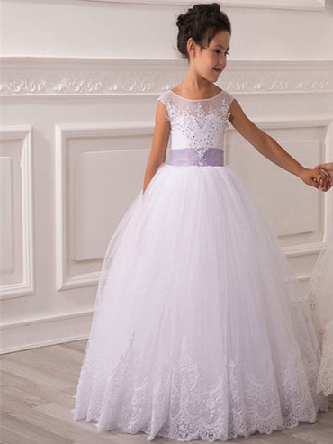 Jewel Neck Tulle Sleeveless Ankle Length Princess Bows Kids Party Dresses-showprettydress
