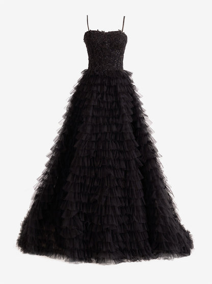 Roycebridal Jordan | Black A-Line Tiered Sequins Tulle Long Prom Dress