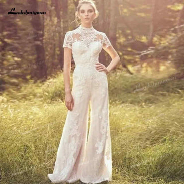 Roycebridal Jumpsuits Wedding Dresses High Neck Short Sleeve Lace Customized