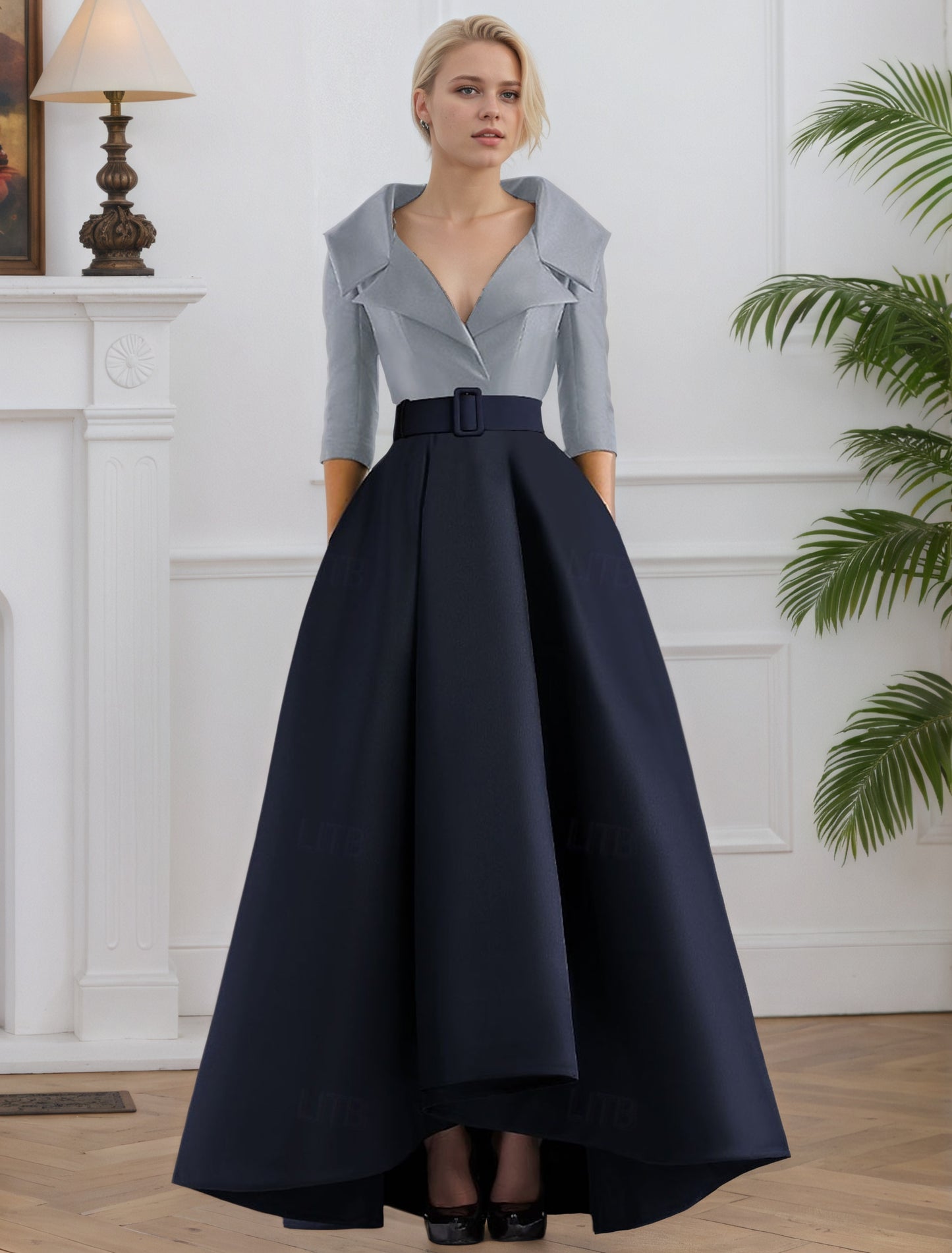 3/4 Length Sleeve Shirt Collar with Pocket Satin A Line  Formal Evening Dresses