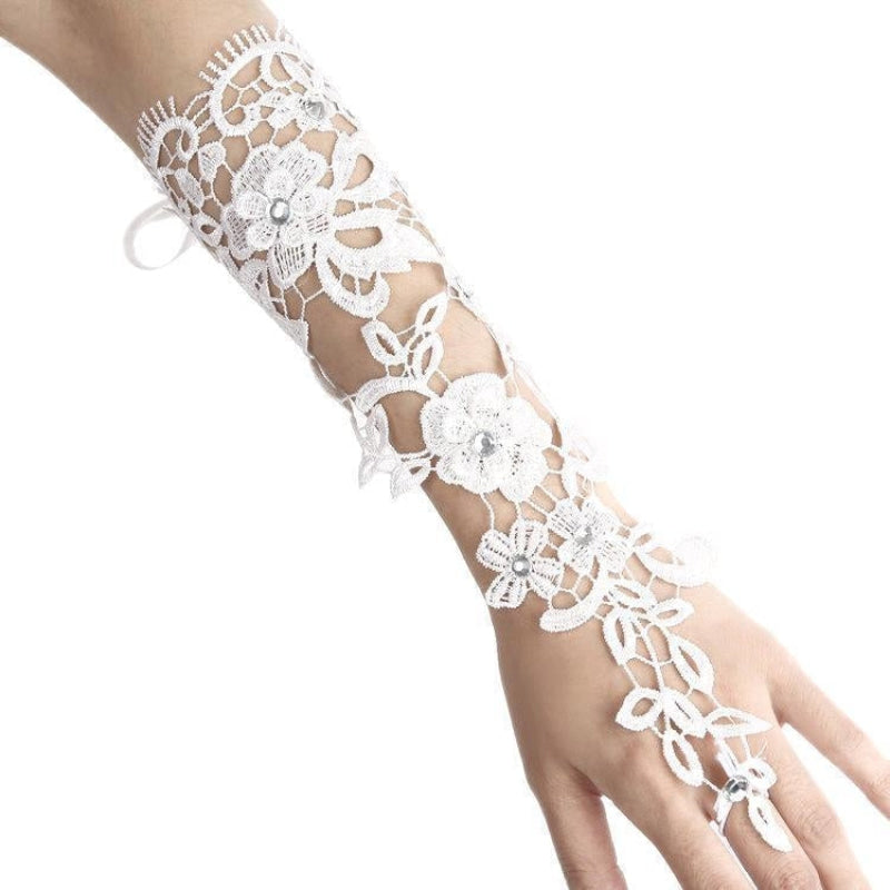 Lace Crystal Beaded Fingerless Wedding Gloves | Bridelily - wedding gloves