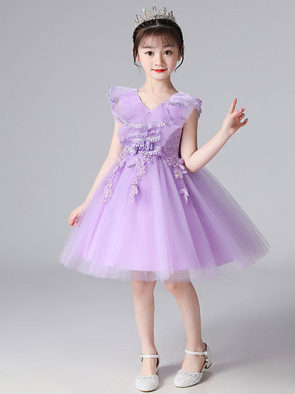 Light Sky Blue Designed Neckline Tulle Sleeveless Short A-Line Embroidered Kids Social Party Dresses-showprettydress