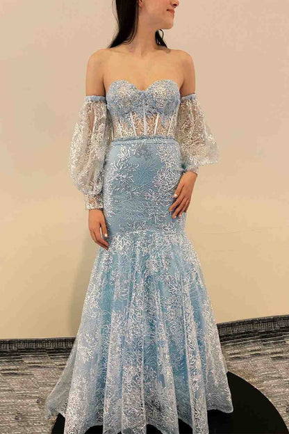 Roycebridal Peach Sweetheart Sheer Lace Corset Mermaid Prom Dress