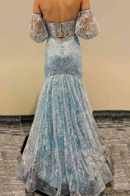 Roycebridal Peach Sweetheart Sheer Lace Corset Mermaid Prom Dress