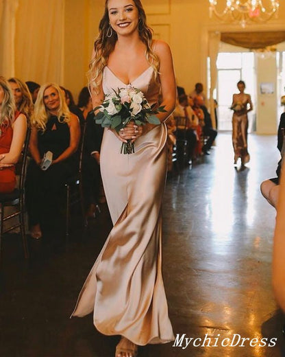 Elegant Champagne Wedding Guest Dresses Sheath Silk Satin Bridesmaid Dresses