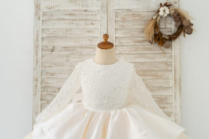 Long Sleeves V Back Crystal Beaded Tulle Satin Wedding 
