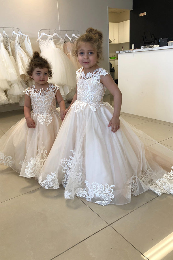 Long Tulle Sleeveless Flower Girls Party Dresses With Lace Appliques-showprettydress