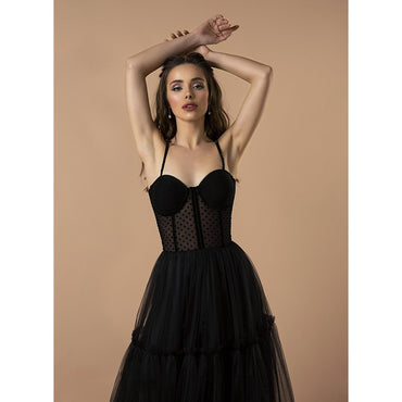 Polka Dot Bodice Sweetheart Spaghetti Straps Sleeveless Tulle A Line Gothic Black Wedding Dress