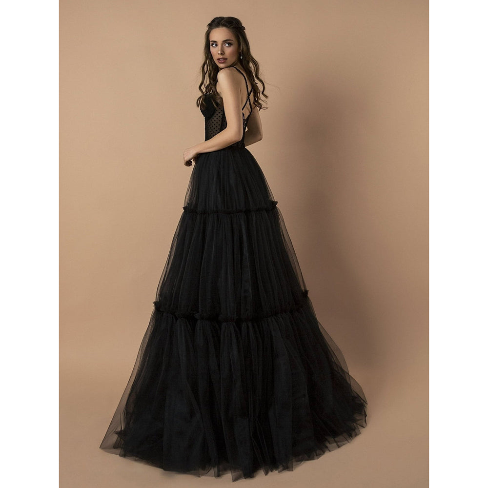 Polka Dot Bodice Sweetheart Spaghetti Straps Sleeveless Tulle A Line Gothic Black Wedding Dress