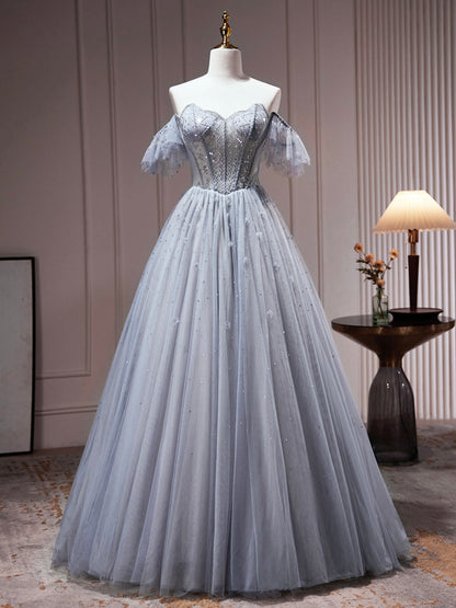 Roycebridal Yamileth | Gray Tulle Off Shoulder Beaded Party Dress, A-Line Tulle Formal Dress Prom Dress